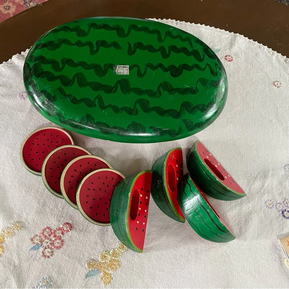 Vintage Wooden Watermelon Cocktail Tray Set. 4 Coasters & 4 Napkin Holders. 14